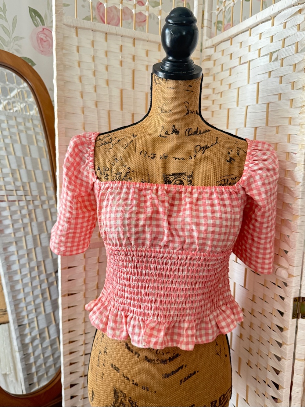 Pink Gingham Smocked Peplum Top